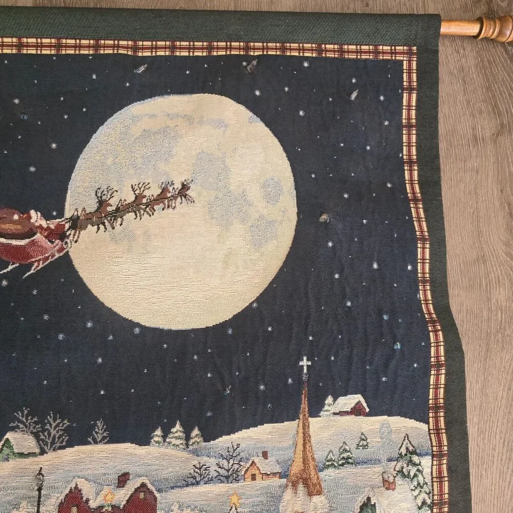 Wall Hanging Tapestry Winter Village Scene Textile Art Nostalgic W/ Lights USA